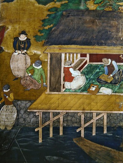 De aankomst van de Portugezen in Japan, detail van een huis op palen, van een Namban Byobu-scherm, 1594-1618 door Unbekannt Unbekannt